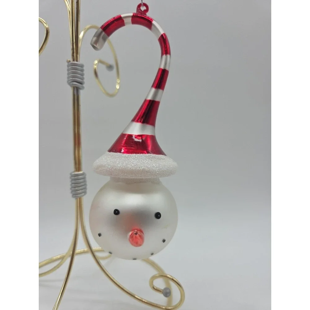 Whimsical Spiral Candy Cane Hat Red Swirl Hook Snowman Glass Ornament 6